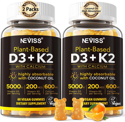 Vitamin D3 K2 Gummy Bears – 5000 IU D3, 200 mcg K2 MK7, 600 mg Calcium, Vegan, 60 Gummies