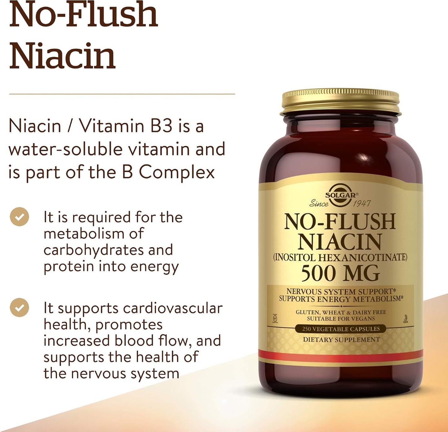 Solgar No-Flush Niacin 500 mg, 250 Vegetable Capsules - görsel 3