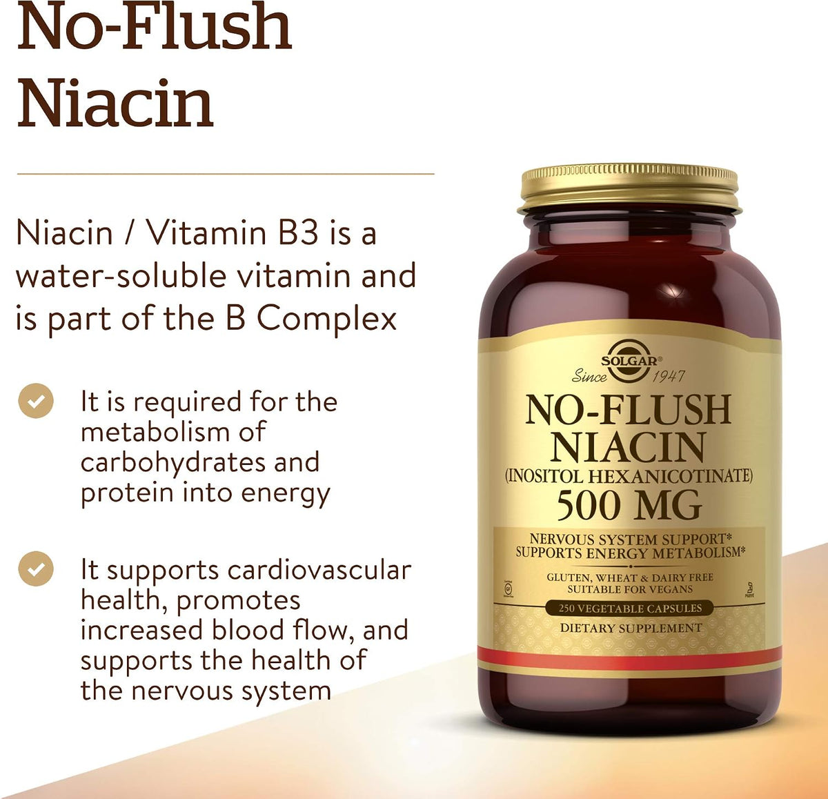 Solgar No-Flush Niacin 500 mg, 250 Vegetable Capsules - görsel 3