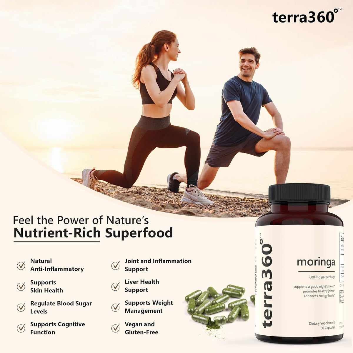 Natural Moringa Leaf Powder Capsules - 800mg, Vegan, Non-GM, 3rd-Party Tested, Gluten-free, 60 Capsules - görsel 5