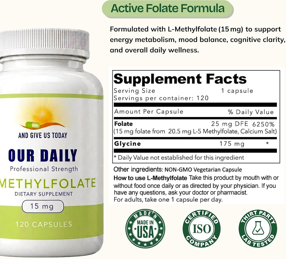 L-Methylfolate 15mg – Active 5-MTHF Methylated Folate Supplement for Brain Health, Focus and Mood Support - görsel 3