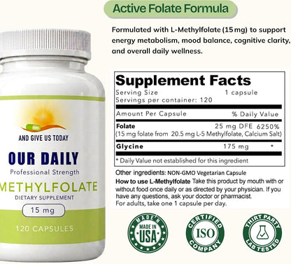 L-Methylfolate 15mg – Active 5-MTHF Methylated Folate Supplement for Brain Health, Focus and Mood Support