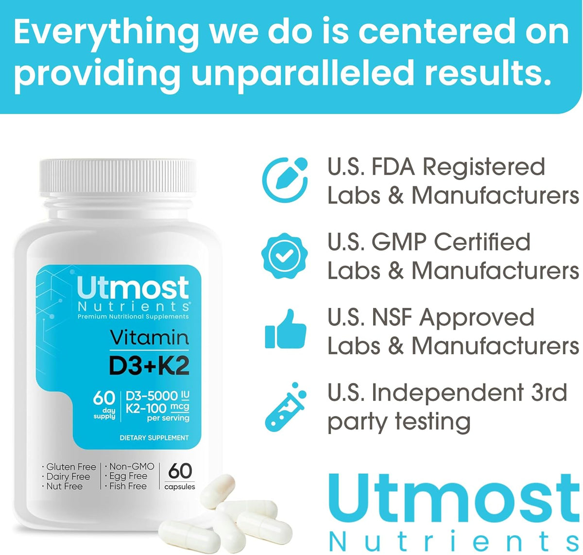Utmost Nutrients Vitamin D3 5000 IU with K2 100 mcg – High-Absorption Capsule - görsel 7