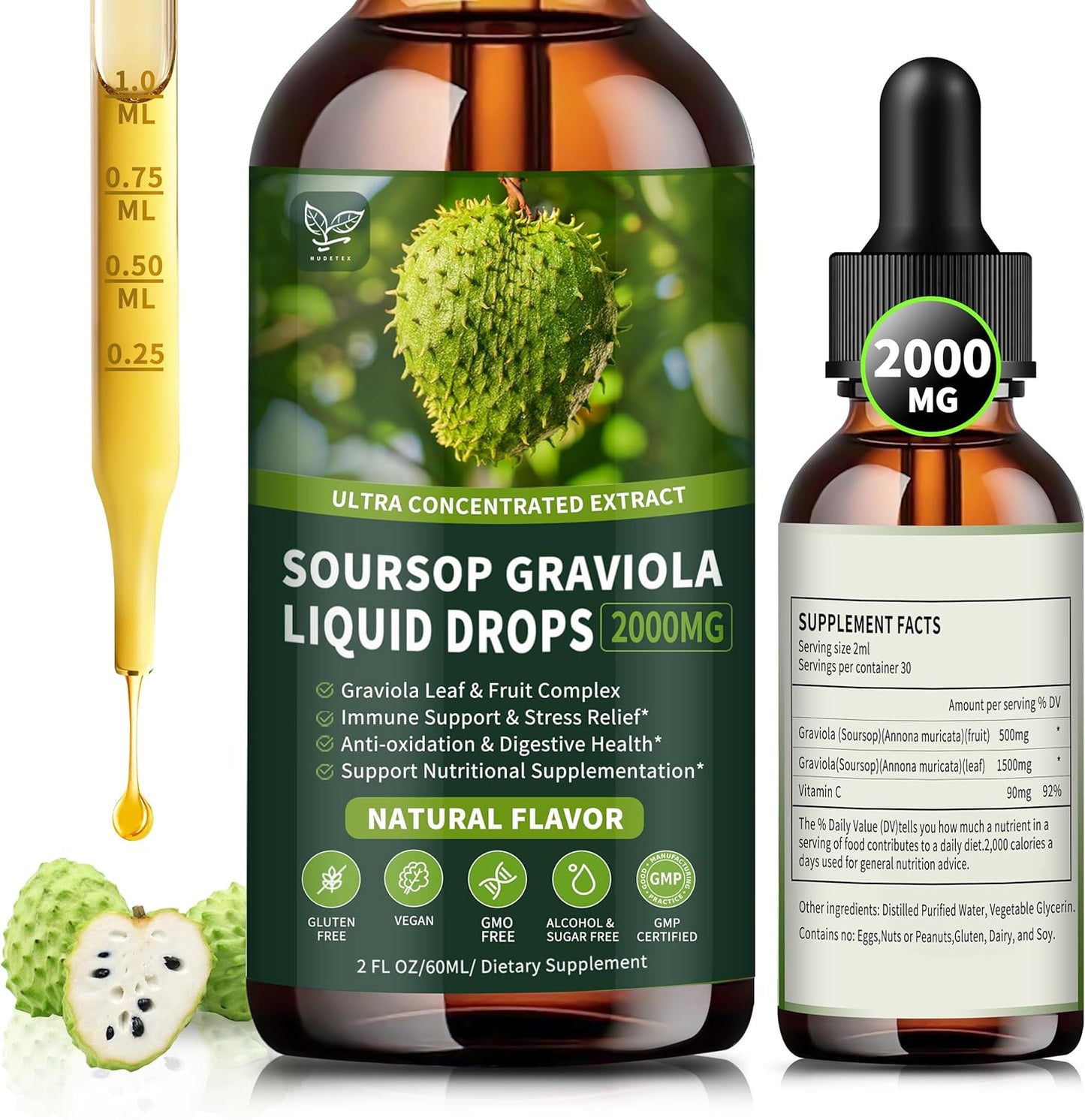 Soursop Graviola Liquid Drops 2000mg, Organic Soursop Extract - 98% Absorption, Sugar & Gluten-free, Natural Flavour, 60 ml - görsel 1