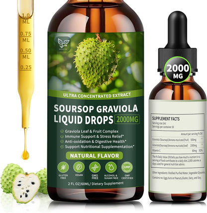 Soursop Graviola Liquid Drops 2000mg, Organic Soursop Extract - 98% Absorption, Sugar & Gluten-free, Natural Flavour, 60 ml