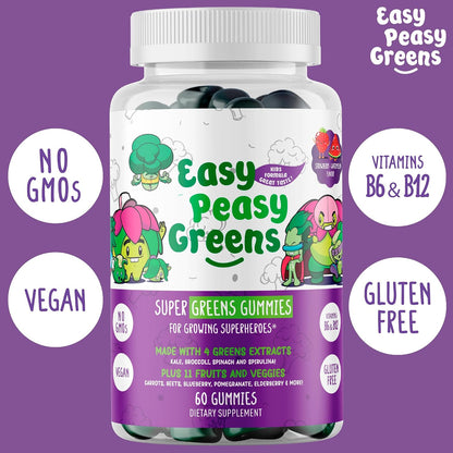 EasyPeasyGreens Daily Veggie Gummies for Kids - 60 Greens Gummies - Vegan Multivitamin with 10 Real Vegetable Extracts