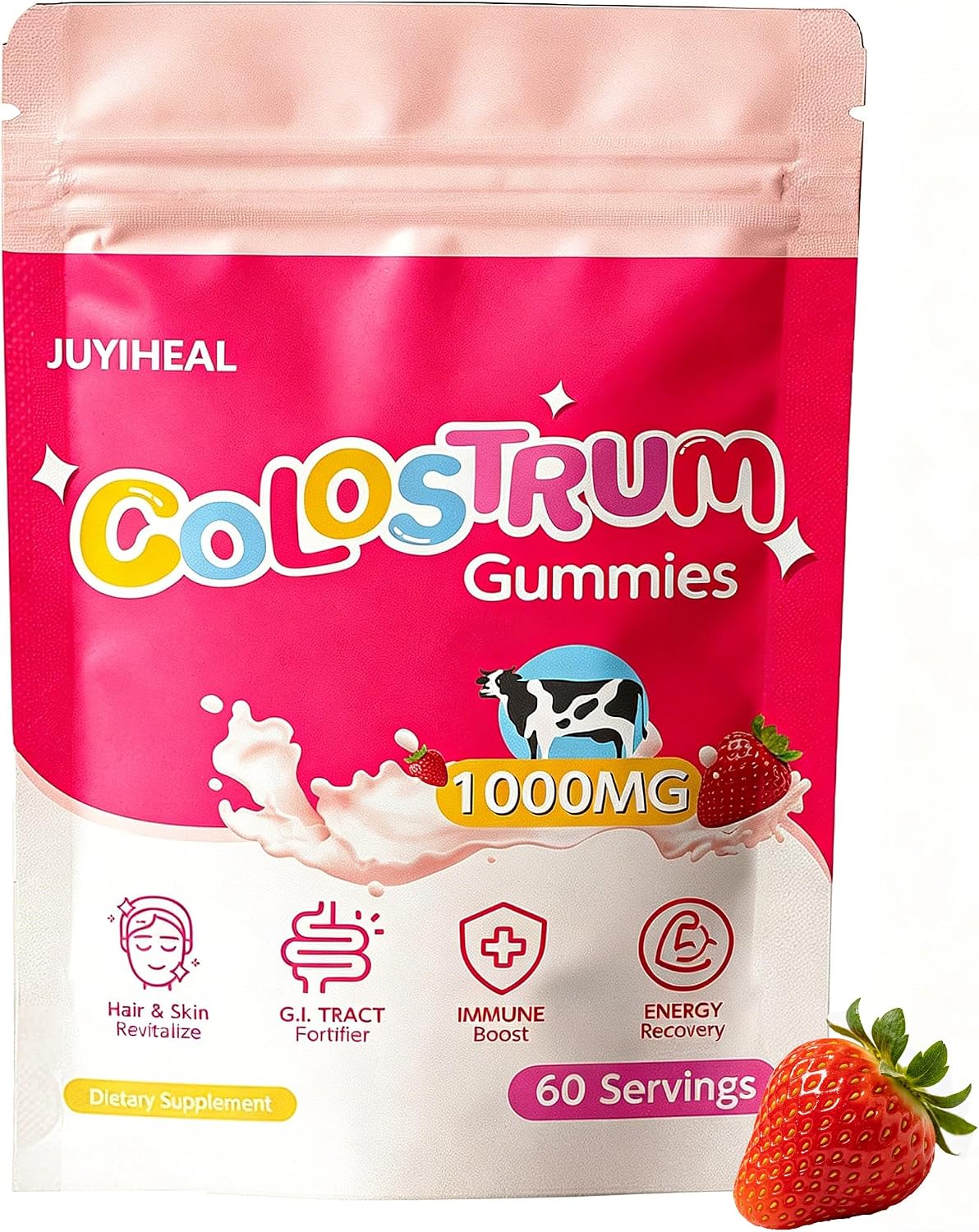 Core Bovine Colostrum Gummies – Grass-Fed Colostrum Supplement for Gut Health, Hair, Skin & Immune Support, Strawberry Flavour (60 Servings) - görsel 1