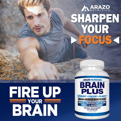 Arazo Nutrition Brain Plus – Premium Brain Function Supplement for Memory, Focus, and Clarity