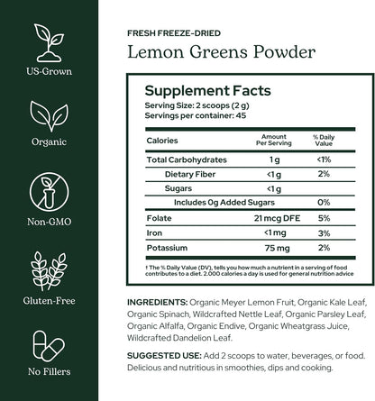 Eclectic Herb Lemon Greens Powder Supplement – Immune & Cleansing Support, Superfood Drink Mix (90 g)