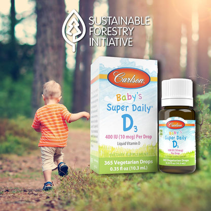 Carlson Baby's Super Daily D3 - Baby Vitamin D Drops, 400 IU per Drop, 1-Year Supply, Unflavoured, 365 Drops