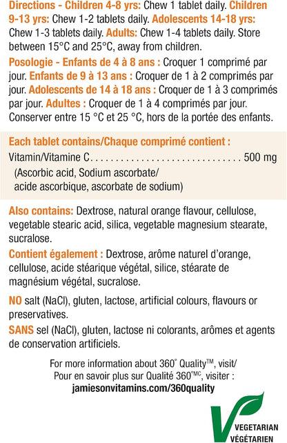 Jamieson Chewable Vitamin C 500mg, 330 Tablets, Tangy Orange