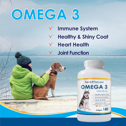 Omega 3 Fish Oil for Dogs – Natural Pet Supplement for Shiny Coat, Wild Caught, 180 Capsules