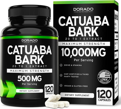 Catuaba Bark Extract 10,000mg Per Serving (120 Capsules) - Erythroxylum Catuaba - Third Party Tested - Drive & Stamina - Made in the USA - Gluten-free & Non-GMO - Vegan - For Men & Women