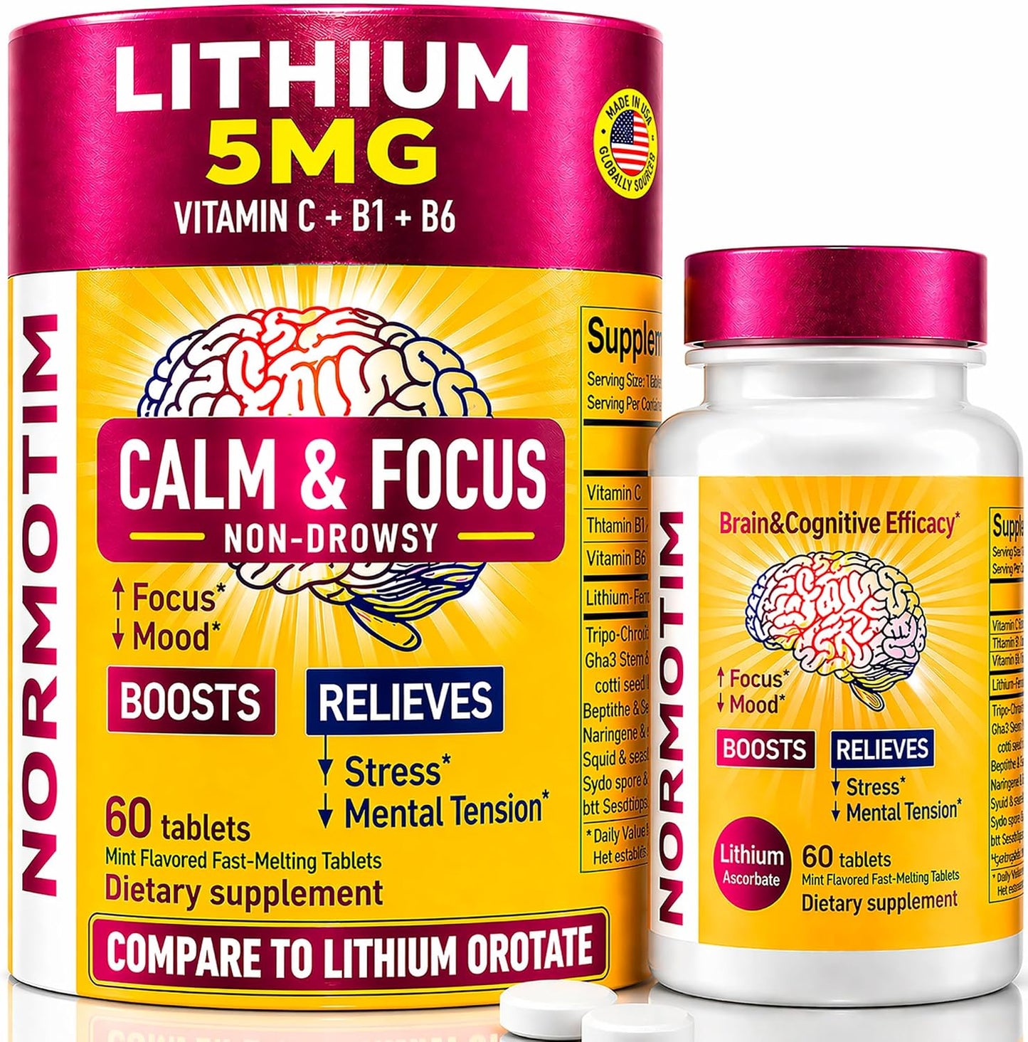 NORMOTIM – Calm & Focus Support – Lithium Ascorbate 5mg Fast-Dissolving Tablets with Vitamin C, B1 & B6 – Non-Drowsy Cognitive & Memory Support – Made in the USA – 60 Count - görsel 1