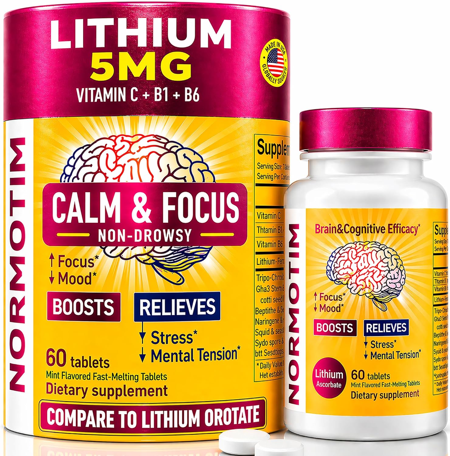 NORMOTIM – Calm & Focus Support – Lithium Ascorbate 5mg Fast-Dissolving Tablets with Vitamin C, B1 & B6 – Non-Drowsy Cognitive & Memory Support – Made in the USA – 60 Count - görsel 1