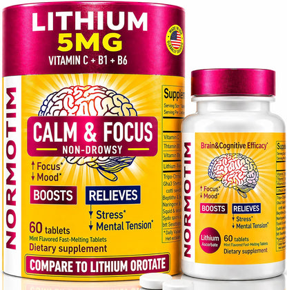NORMOTIM – Calm & Focus Support – Lithium Ascorbate 5mg Fast-Dissolving Tablets with Vitamin C, B1 & B6 – Non-Drowsy Cognitive & Memory Support – Made in the USA – 60 Count