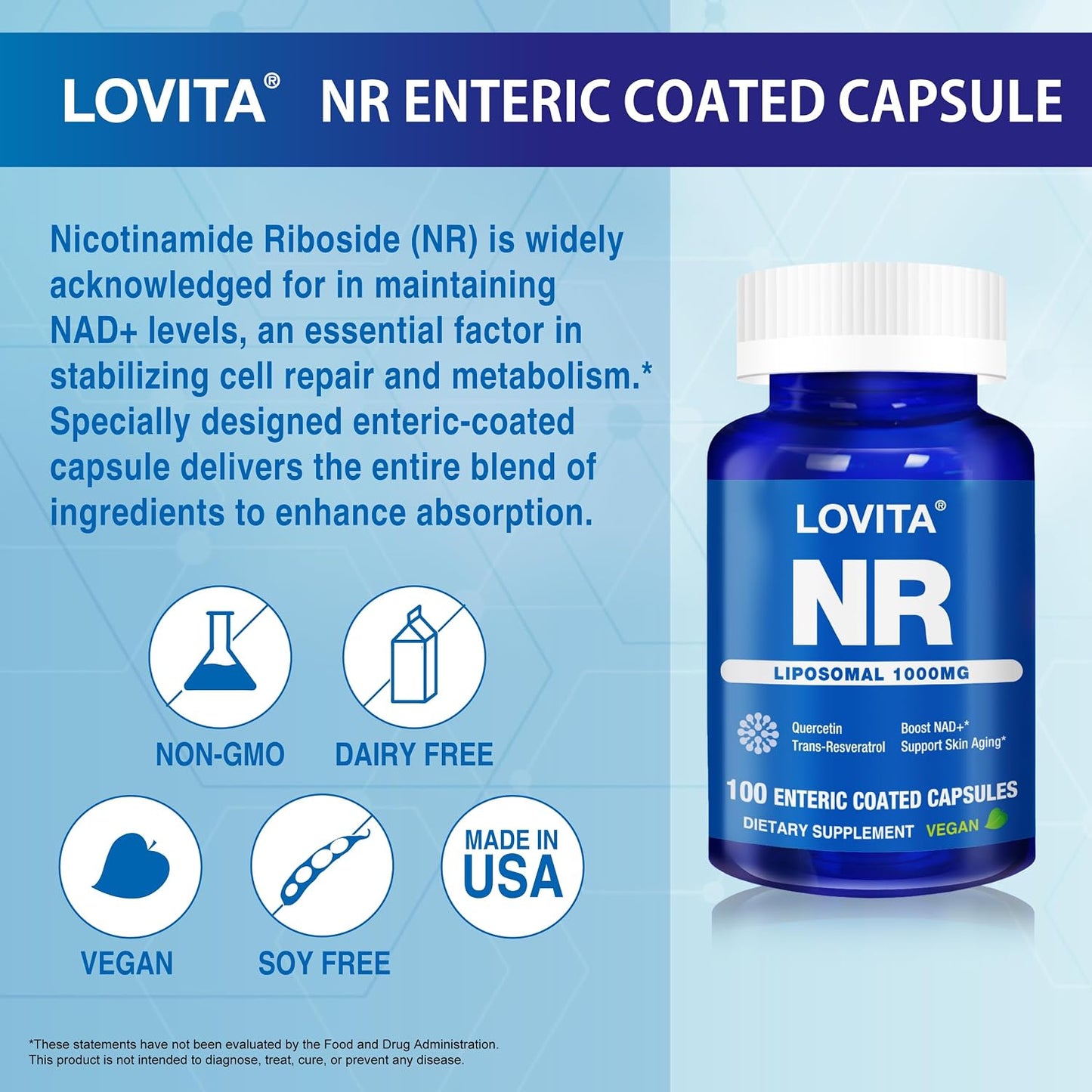 LOVITA Liposomal NR (Nicotinamide Riboside) 1000 mg with Quercetin & Trans-Resveratrol, Supports Cellular Health and Healthy Ageing, 100 Vegan Enteric-Coated Capsules - görsel 7