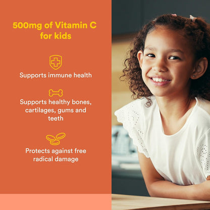 Natural Factors Kids Chewable Vitamin C 500 mg - Immune Support, Bones, Teeth, Gums - Peach, Passionfruit & Mango - 90 Wafers