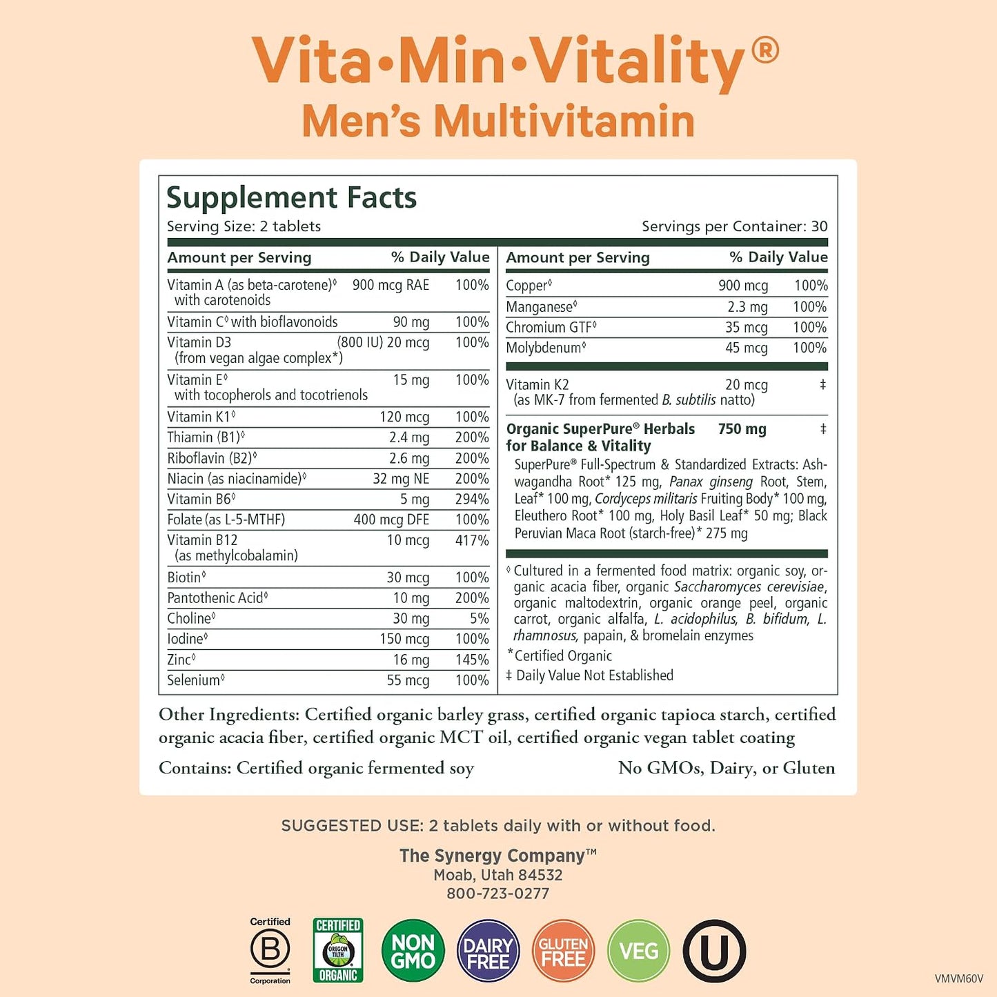 Pure Synergy Vita·Min·Vitality | Organic Men's Multivitamin | Daily Whole Food Supplement for Energy, Stress & Immunity (60 Tablets) - görsel 2