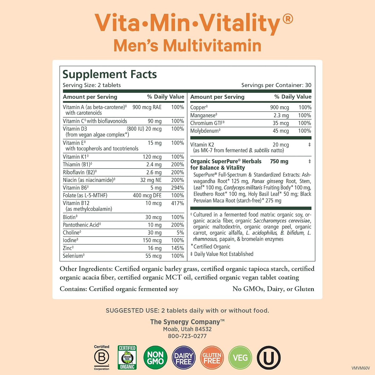 Pure Synergy Vita·Min·Vitality | Organic Men's Multivitamin | Daily Whole Food Supplement for Energy, Stress & Immunity (60 Tablets) - görsel 2