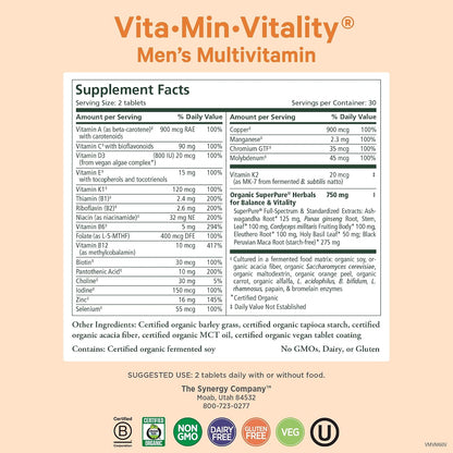 Pure Synergy Vita·Min·Vitality | Organic Men's Multivitamin | Daily Whole Food Supplement for Energy, Stress & Immunity (60 Tablets)
