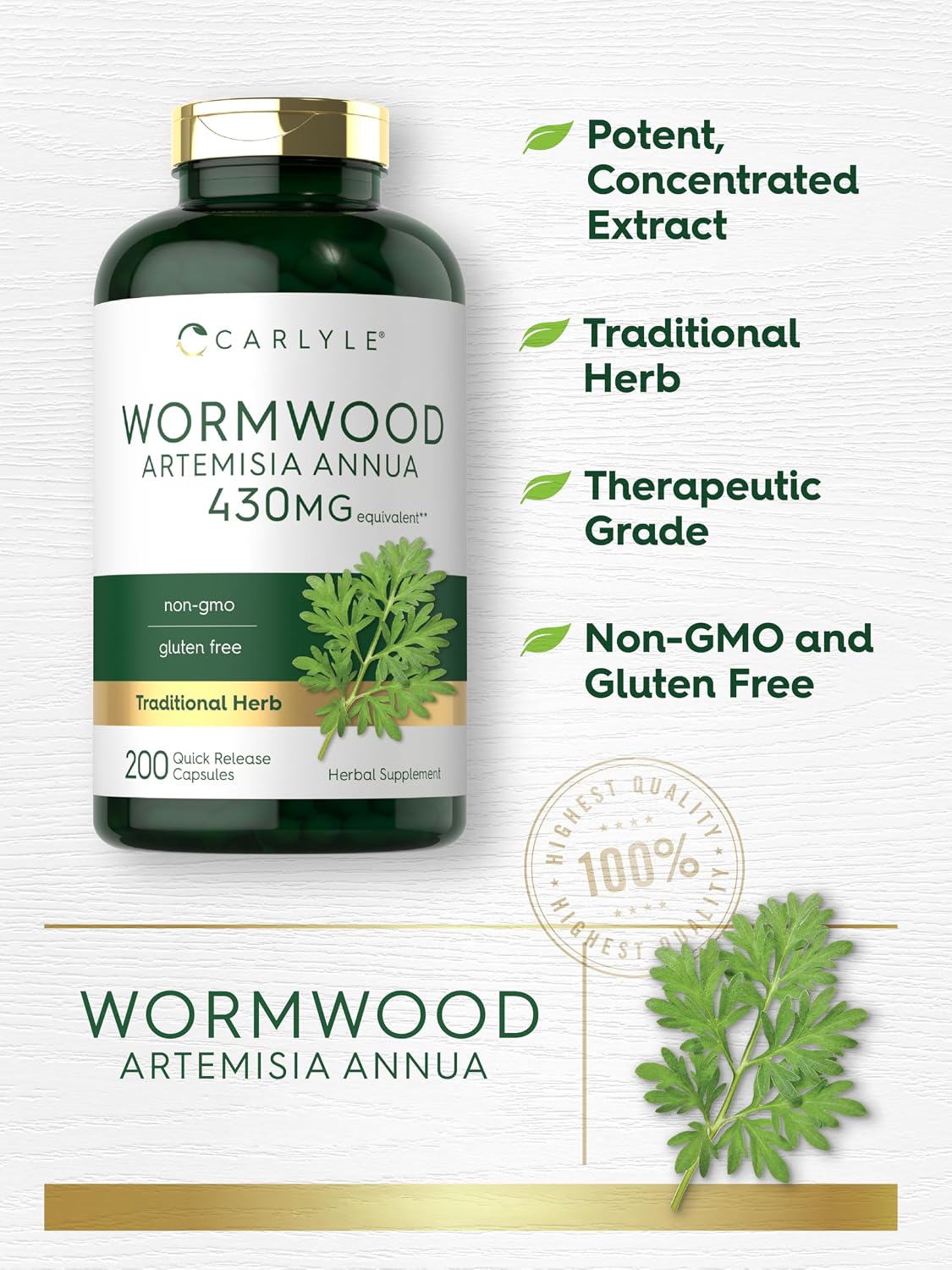Carlyle Wormwood Capsules – 200 Count – Artemisia Annua Herb – Non-GM & Gluten-free Supplement - görsel 4