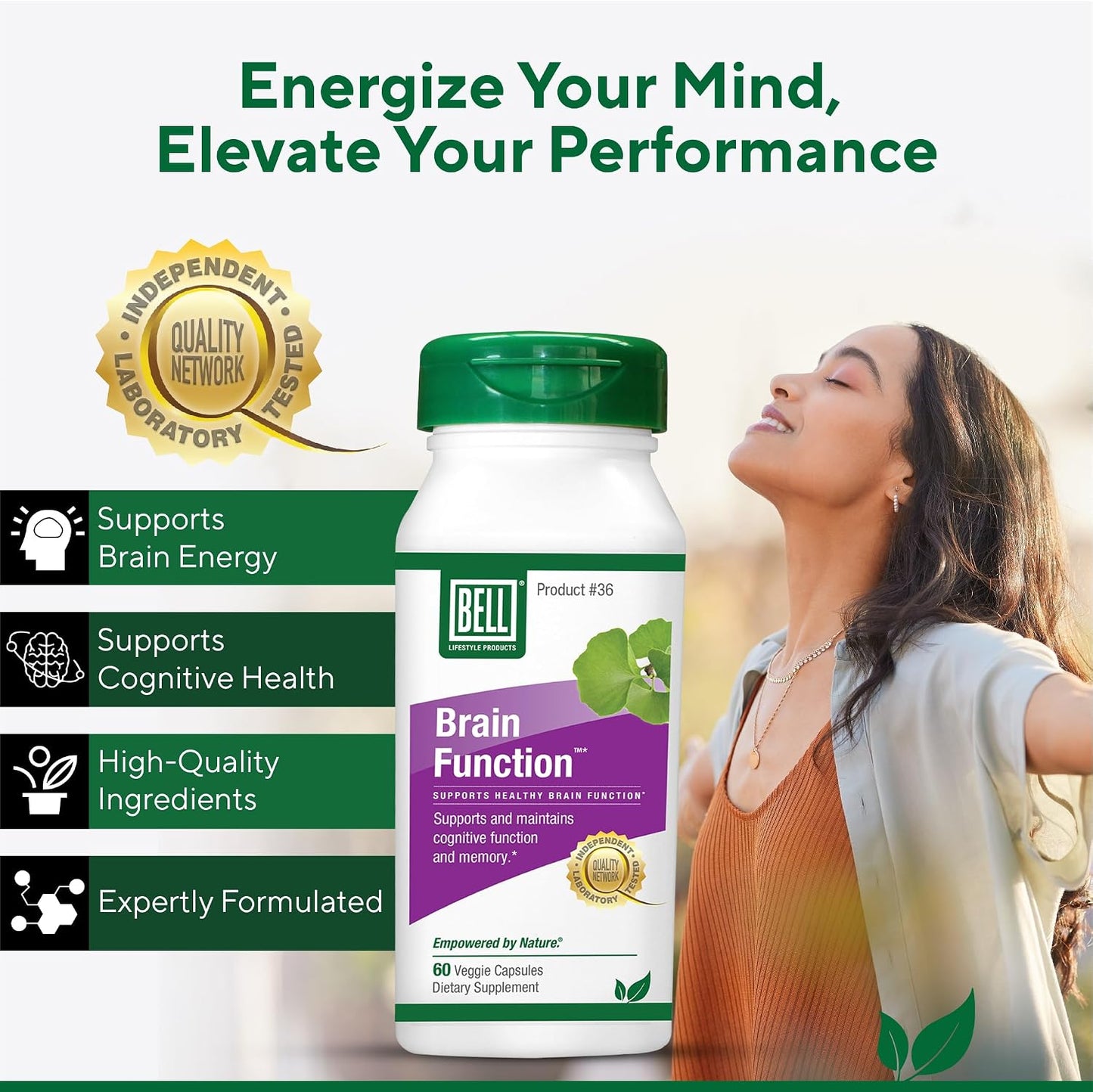 Bell Brain Function Lifestyle – Cognitive Health Support with Ginkgo, Vitamin B12, Folate (60 Vegetarian Capsules) - görsel 3