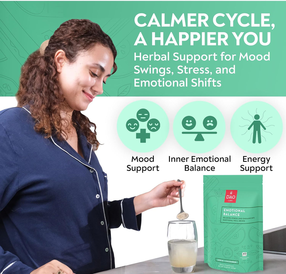 D'AO Labs Emotional Balance Powder - Calm & Stress Relief - Effervescent Herbal Supplement - Apple-Cucumber Flavour - 30 Servings - görsel 2