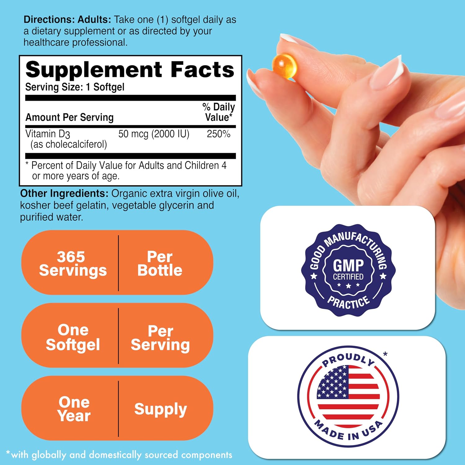Health Thru Nutrition Vitamin D3 2000 IU 365 Mini Softgels - Year Supply, Non-GM, Pharmaceutical Grade in EVOO - görsel 2