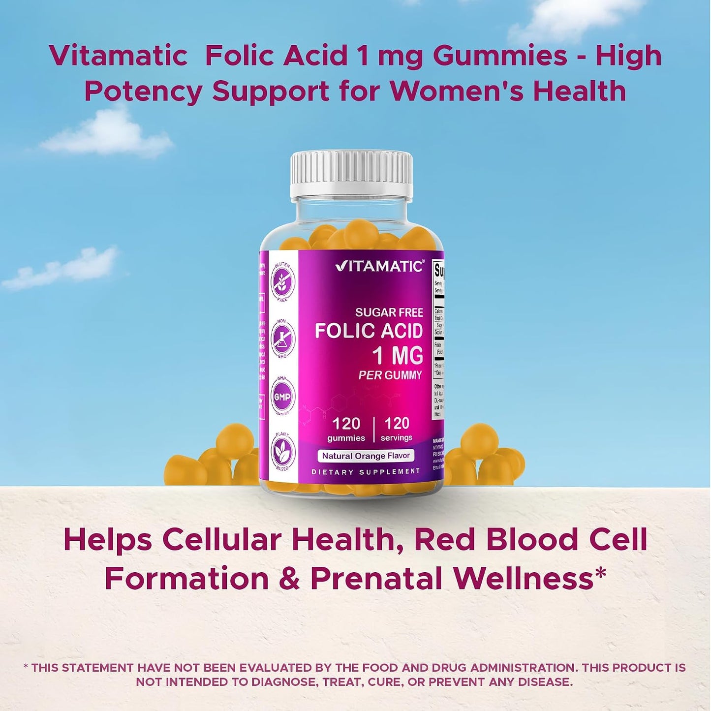 Vitamatic Folic Acid Gummies 1000 mcg (1 mg) – Vitamin B9 (1667 mcg DFE) – Sugar Free – Prenatal & Cellular Health Support – Natural Orange Flavour – Vegan, Non-GM – 120 Gummies - görsel 6
