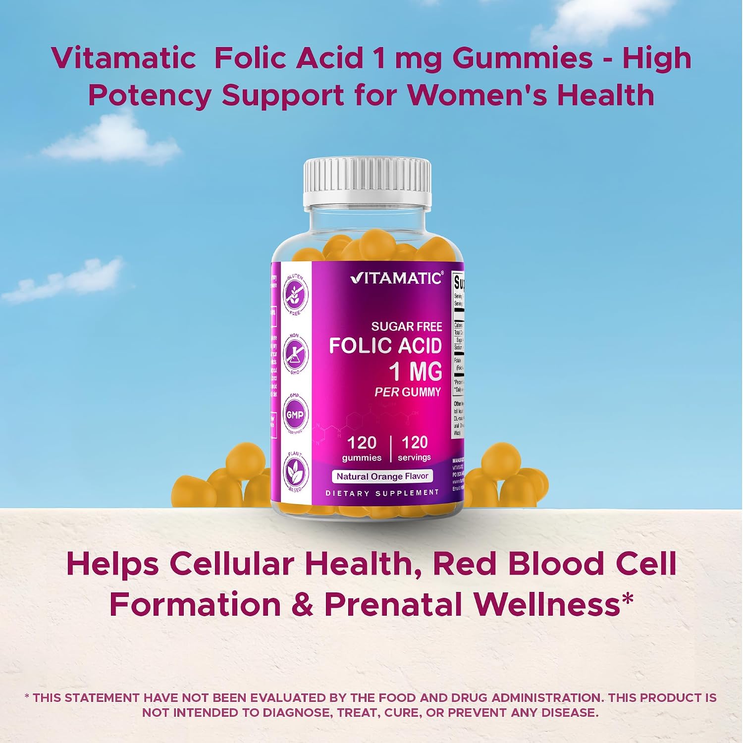 Vitamatic Folic Acid Gummies 1000 mcg (1 mg) – Vitamin B9 (1667 mcg DFE) – Sugar Free – Prenatal & Cellular Health Support – Natural Orange Flavour – Vegan, Non-GM – 120 Gummies - görsel 6