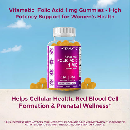 Vitamatic Folic Acid Gummies 1000 mcg (1 mg) – Vitamin B9 (1667 mcg DFE) – Sugar Free – Prenatal & Cellular Health Support – Natural Orange Flavour – Vegan, Non-GM – 120 Gummies