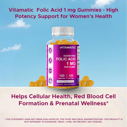 Vitamatic Folic Acid Gummies 1000 mcg (1 mg) - Prenatal Vitamin B9 Supplement, 120 Vegan Gummies (3-Pack)