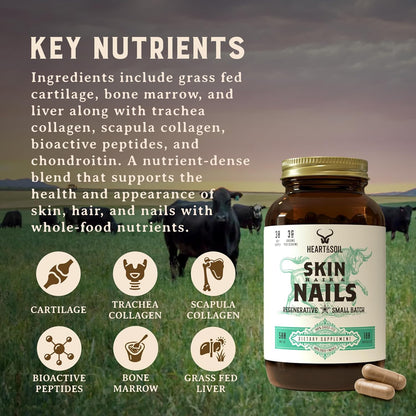 Heart & Soil – 100% Grass Fed & Finished Hair Skin and Nails Supplement – 180 Capsules