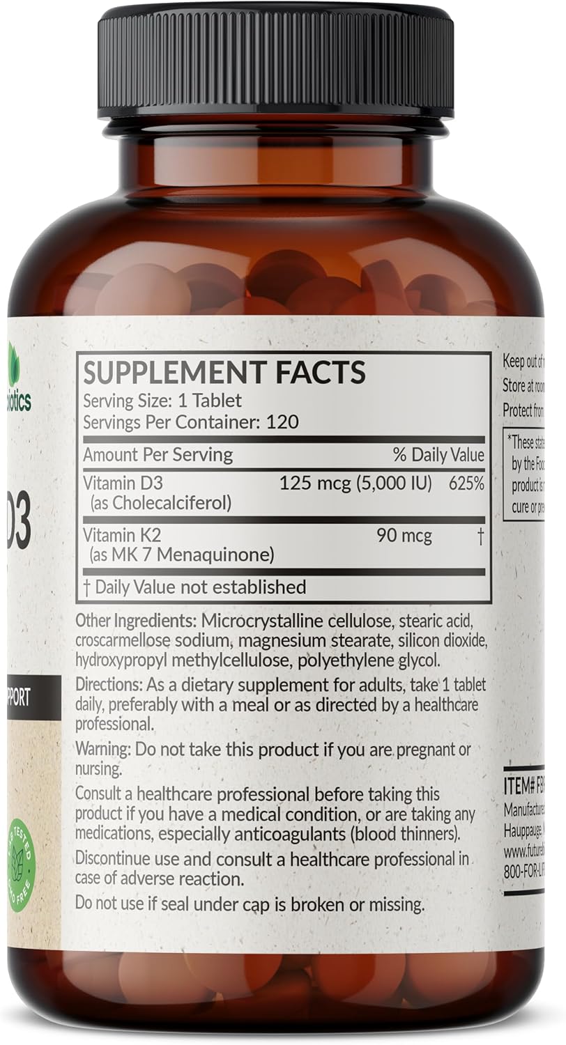 Futurebiotics Vitamin K2 with D3, 2 in 1 Support, 5000 IU Vitamin D3 & 90 mcg Vitamin K2 MK-7 Non-GMO, 120 Tablets - görsel 2