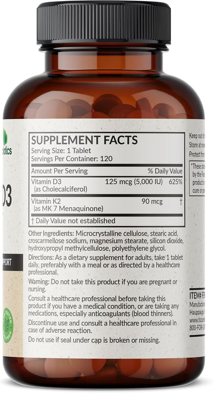 Futurebiotics Vitamin K2 with D3, 2 in 1 Support, 5000 IU Vitamin D3 & 90 mcg Vitamin K2 MK-7 Non-GMO, 120 Tablets