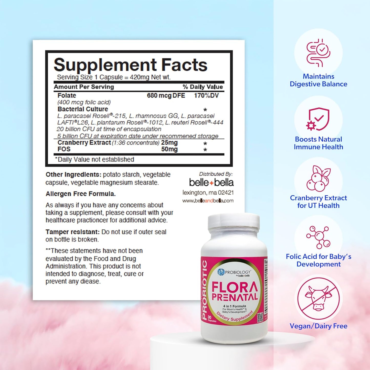 belle+bella Probiology Flora Prenatal Capsules - Prenatal Probiotic & Prebiotic with Folic Acid, 30 Capsules - görsel 3