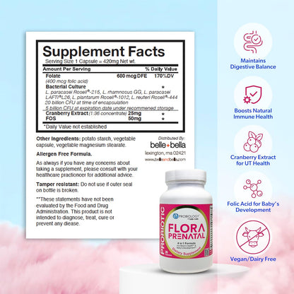 belle+bella Probiology Flora Prenatal Capsules - Prenatal Probiotic & Prebiotic with Folic Acid, 30 Capsules