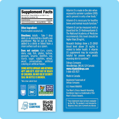 Ddrops Vitamin D3 1000 IU – 180 Drops, Liquid Supplement for Immune Support & Bone Health