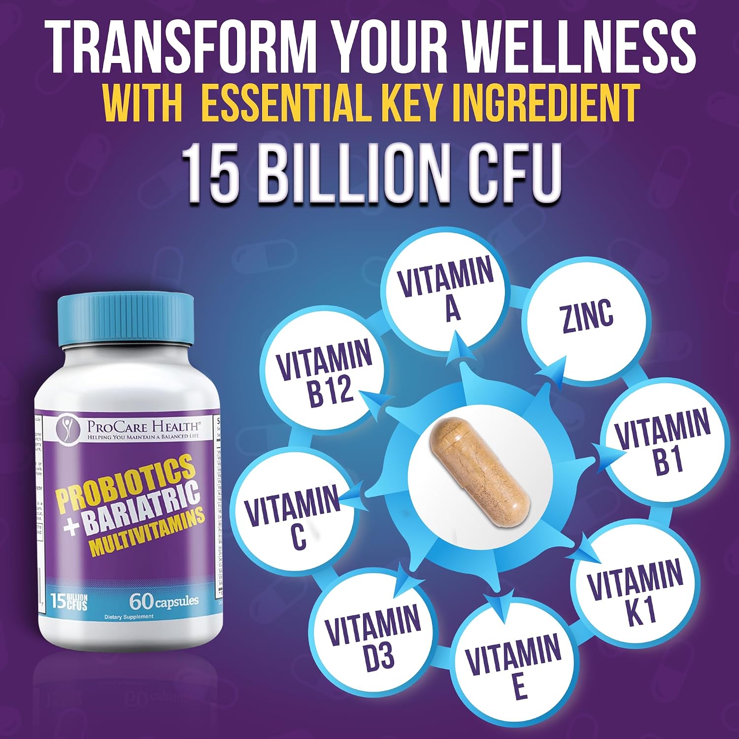 ProCare Health Probiotic Bariatric Multivitamin with Iron 45mg - 15 Billion CFU Probiotic, Fast-Dissolving Vegetable Capsules - görsel 4