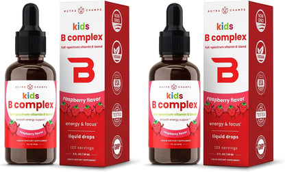 NutraChamps Organic Vitamin B Complex for Kids, B1, B2, B3, B6, B7, B9 & Methyl B12, Kids B Complex Liquid Drops Supplement, Energy, Focus, Metabolism, Natural Berry, 120 Servings, 4 Month Supply