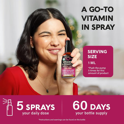 USDA Organic Vitamin B-Complex Liquid Spray 8-in-1 - B5 Pantothenic Acid | B12 Methylcobalamin | B1 Thiamine | B6 Pyridoxine | B7 Biotin | B9 Folate | B3 Niacinamide - Berry Mix Flavour - 2 fl oz (60 ml)