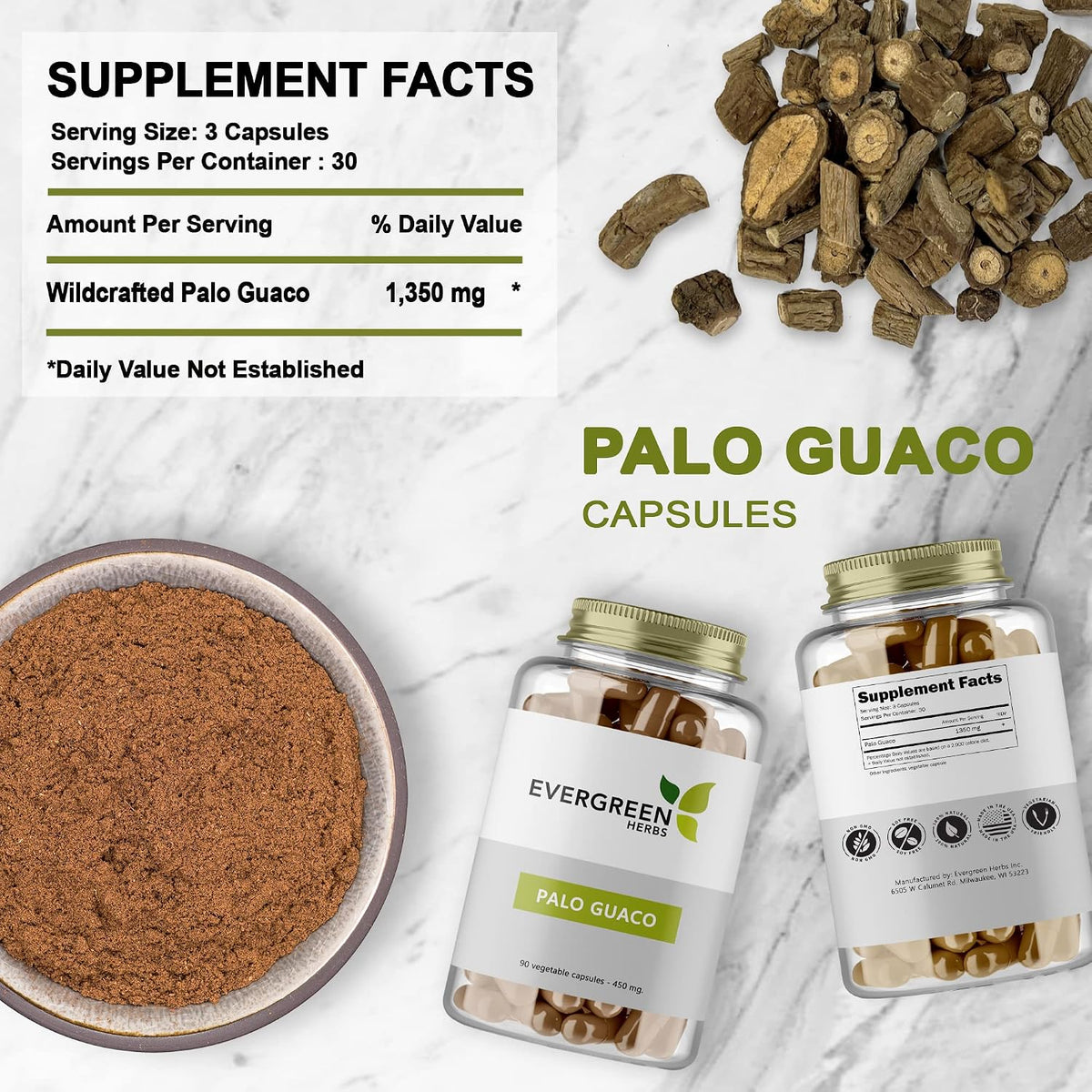 Evergreen Herbs Palo Guaco - 90 Capsules - görsel 1