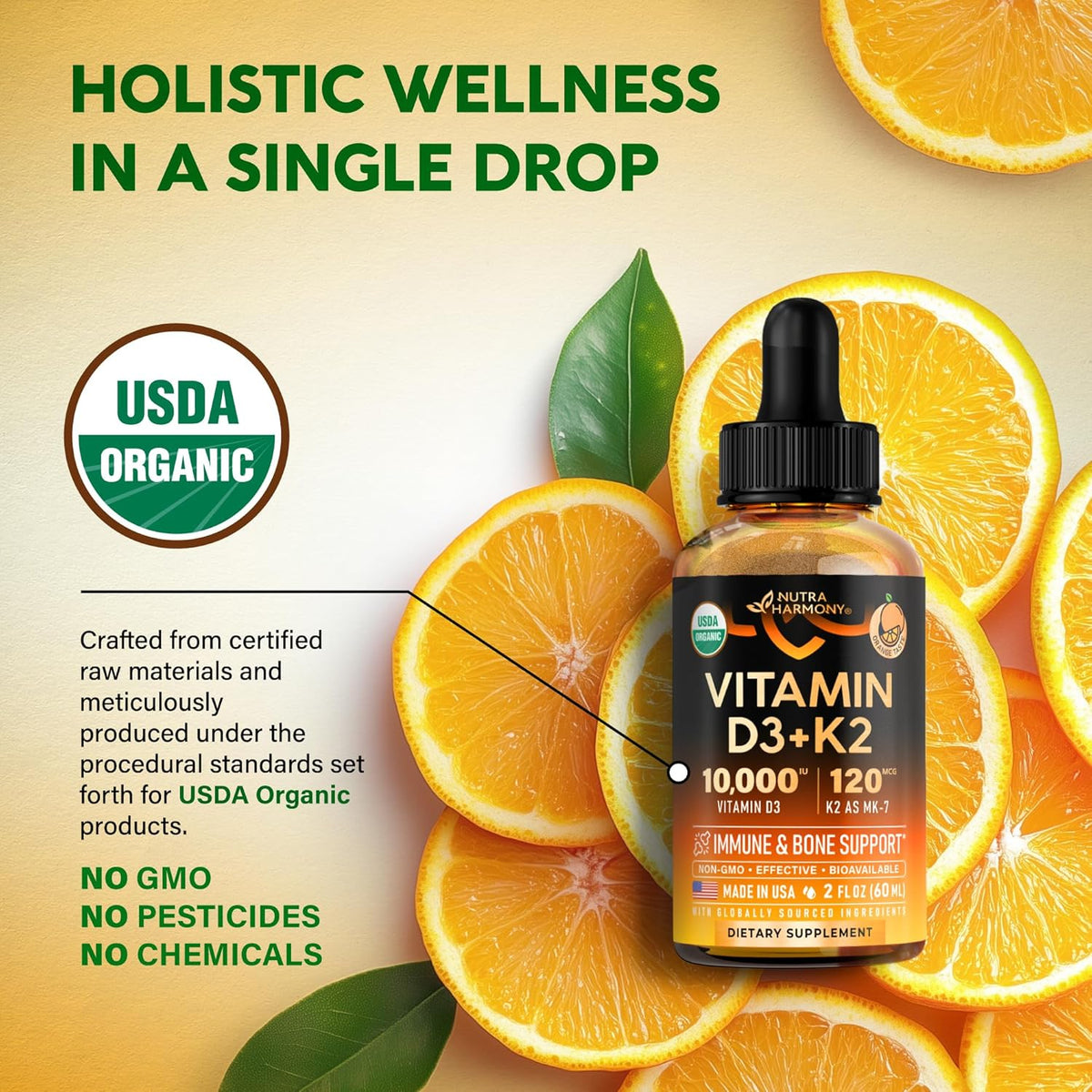 NUTRAHARMONY Vitamin D3 K2 USDA Organic Drops - 10,000 IU D3 & 120 µg MK-7 - Immune & Bone Support - Sugar-Free Orange Flavour - 60 ml - görsel 4