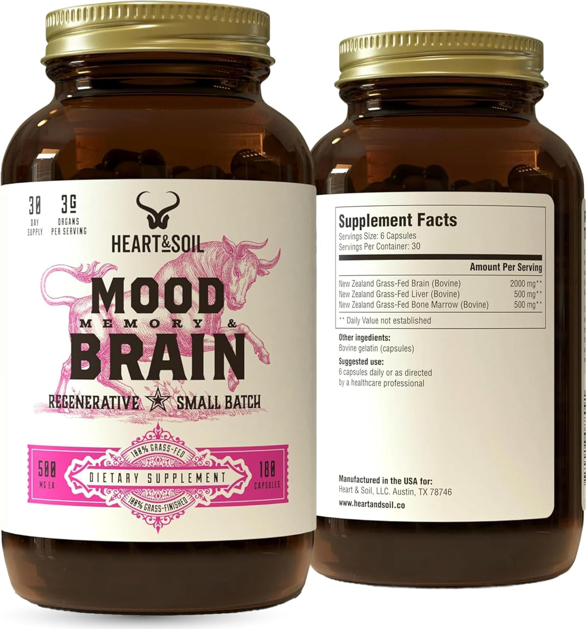 Heart & Soil Grass Fed Beef Brain Supplement – 3000mg, 180 Capsules - görsel 1