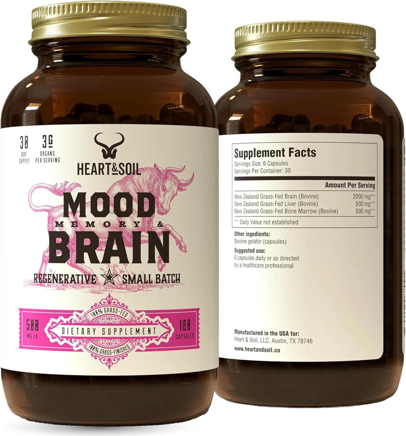 Heart & Soil Grass Fed Beef Brain Supplement – 3000mg, 180 Capsules - görsel 1