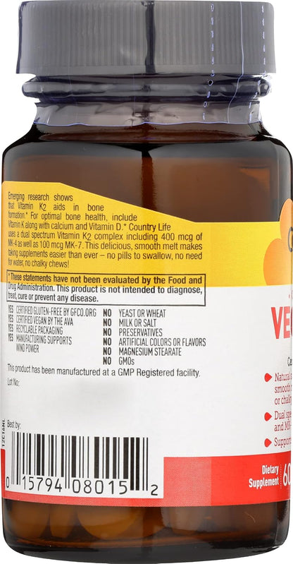 Country Life Vegan K2 Melts 500 mcg, 60 Count