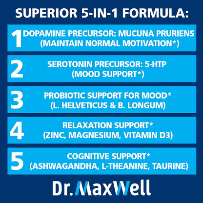 Dr. Maxwell Serotonin and Dopamine Food Supplements with Mood Probiotic, 5-in-1 Support