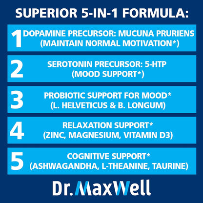 Dr. Maxwell Serotonin and Dopamine Supplements with Mood Probiotic, 5in1 Support for (1) Dopamine (2) Serotonin (3) Mood (4) Relaxation (5) Focus & Brain, 60 Capsules