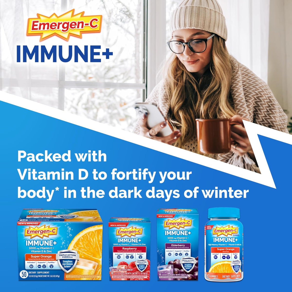 Emergen-C Immune+ Triple Action Immune Support Gummies with BetaVia, 750mg Vitamin C, B Vitamins, Vitamin D and Antioxidants, Super Orange Flavour – 45 Gummies - görsel 2